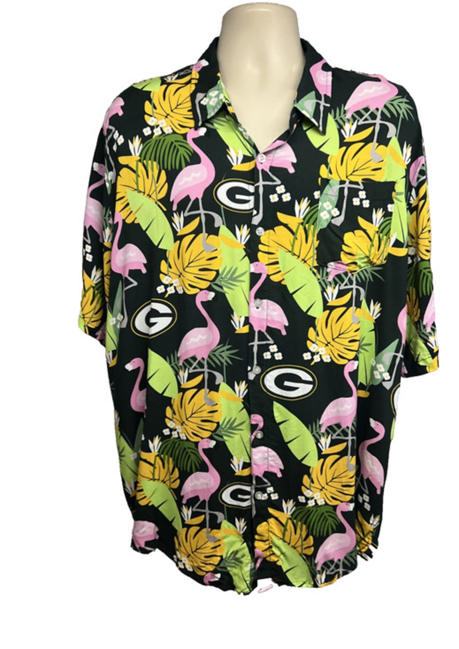 NFL Football Green Bay Packers Hawaiian Flamingos Button Up Shirt Men 2XL Pocket